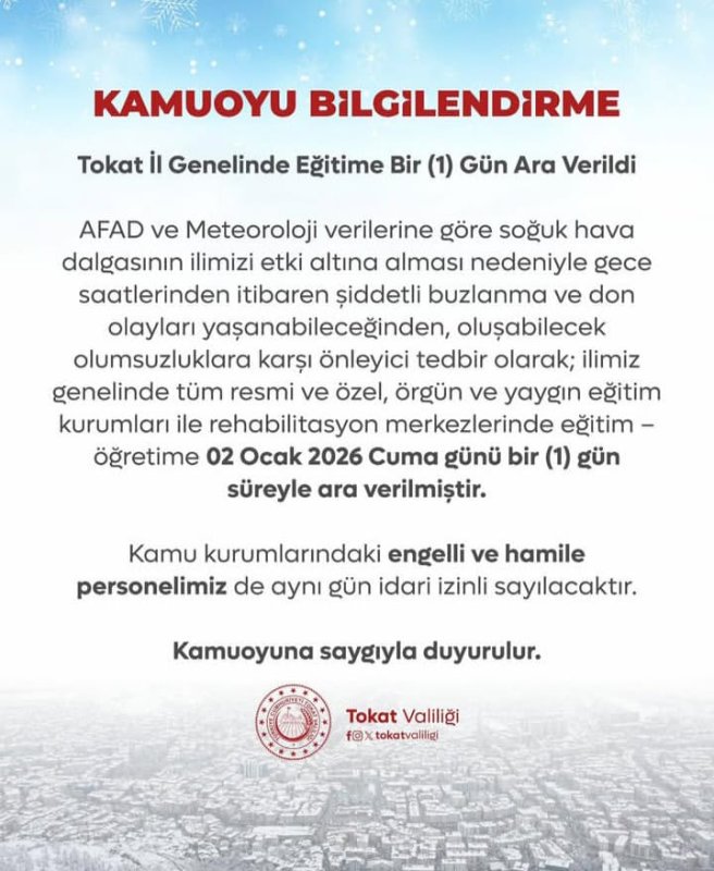 Tokat Genelinde Eğitime 1 Gün Ara Verildi.