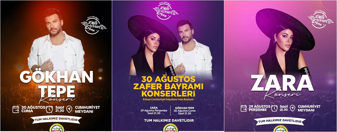 Erbaa Belediyesi 30 Ağustos Zafer Bayramı Dolayısıyla Konserler Düzenleyecek.